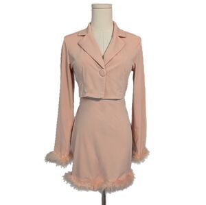 Pastel pink faux fur blazer top and mini skirt set
